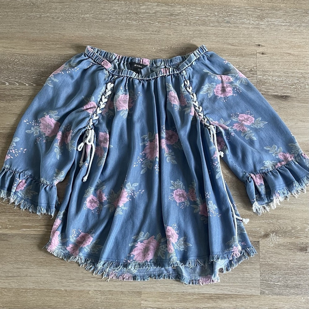 Ali Miles Off The Shoulder Floral Chambray Tunic XL Rope Tie Fray Hem Cottage - Picture 2 of 11